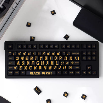 YMDK Black Gold Large Font Full Set 129 Keys Keycaps Creative Cool Custom Key Cap PBT Dye Sub Cherry Profile for MX Mechanical Keyboard