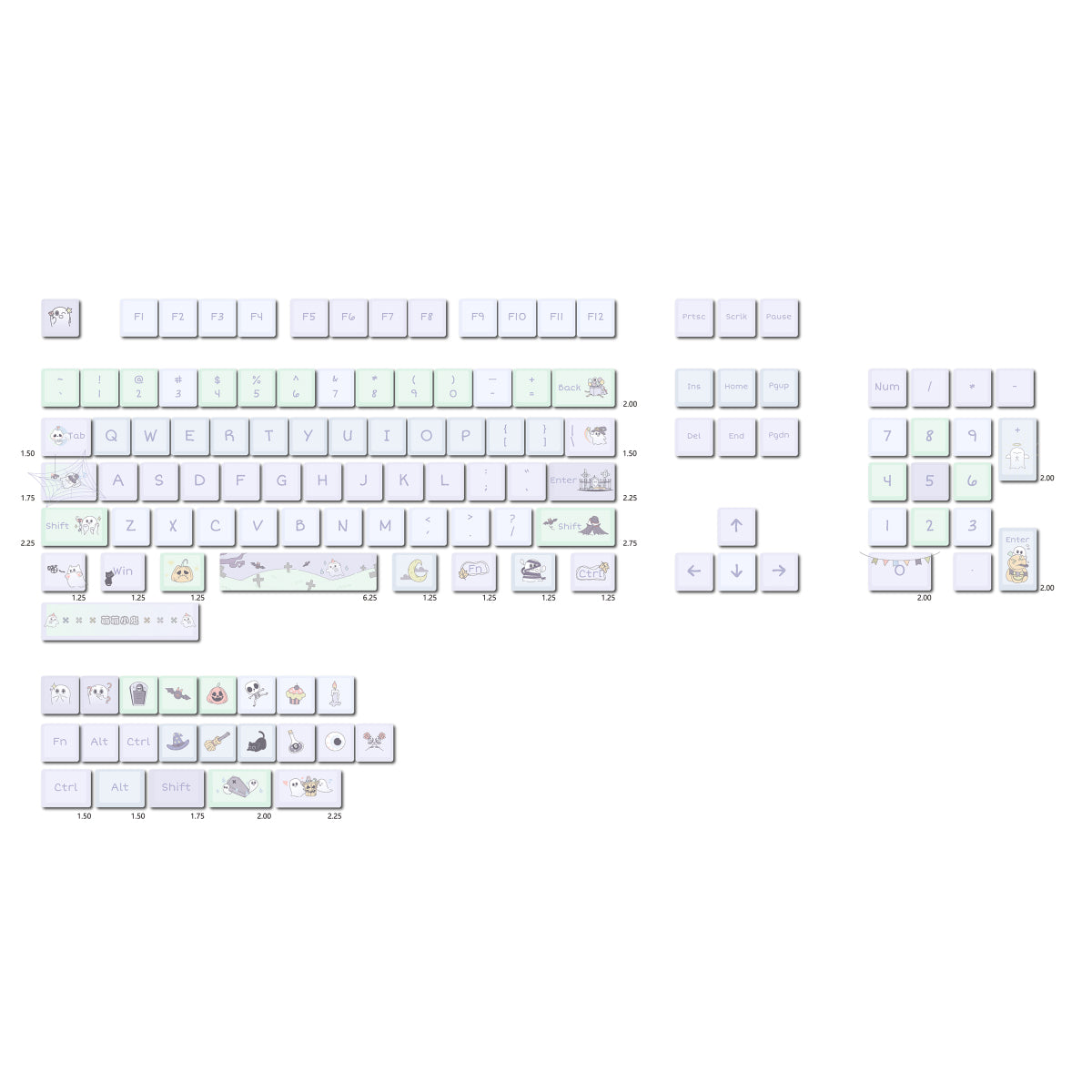 YMDK Cute Little Ghost Theme Keycaps Full Set 127 Keys XDA Profile PBT Dye Sub Keycap for MX Mechanical Keyboard