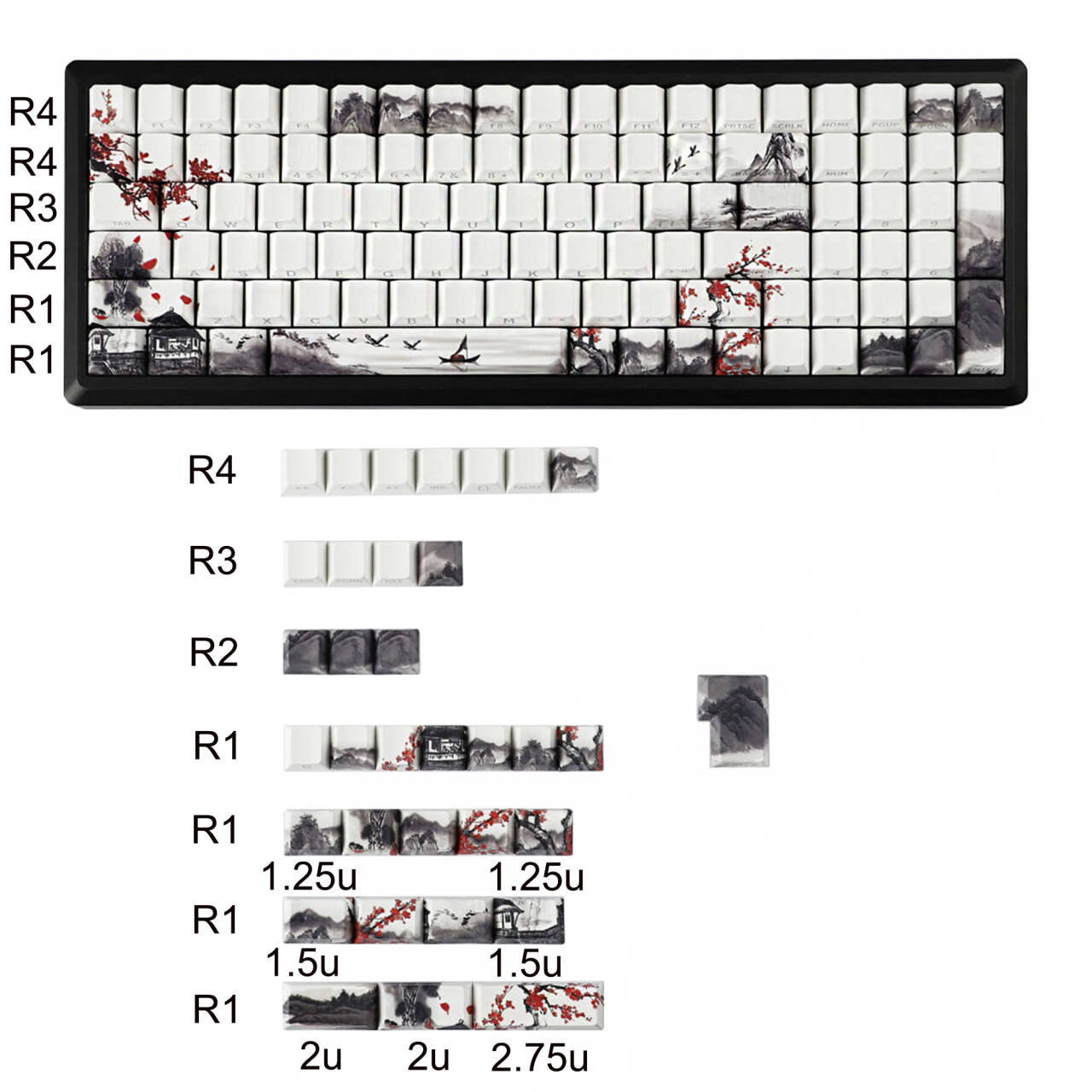 YMDK Plum Blossom Landscape Theme 135 Keys PBT Keycaps Dye Sub Custom Keycap Double Shot Side-lit Shine Through Cherry Profile for MX Mechanical Keyboard