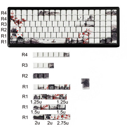 YMDK Plum Blossom Landscape Theme 135 Keys PBT Keycaps Dye Sub Custom Keycap Double Shot Side-lit Shine Through Cherry Profile for MX Mechanical Keyboard