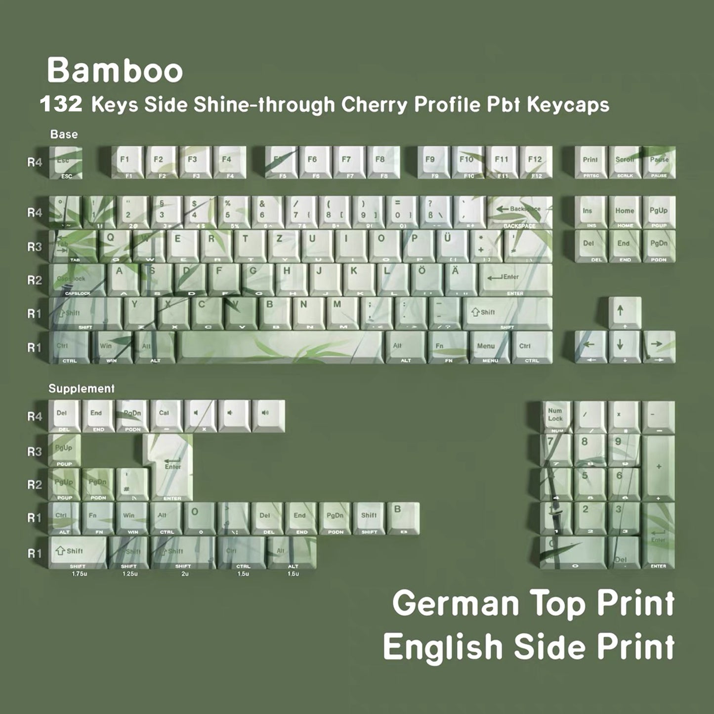 YMDK Bamboo Forest 132 keys Cherry Profile PBT Dye Sub Sidelit Keycaps Japanese, German, French, Spanish, and Russian for 61/84/87/104/108 MX Mechanical Keyboard