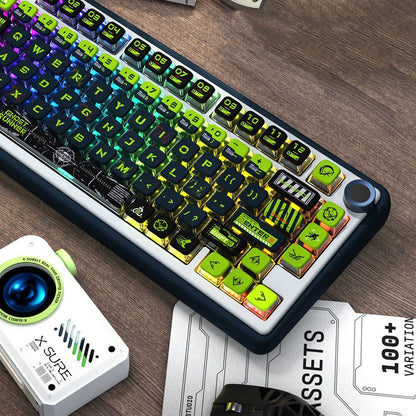 YMDK Ghost Runner 4-Side Shine Through PBT+PC Keycaps, Dye-Sub MSA Profile Custom Keycaps for 61/84/87/96/100/104/108 MX Mechanical Keyboards