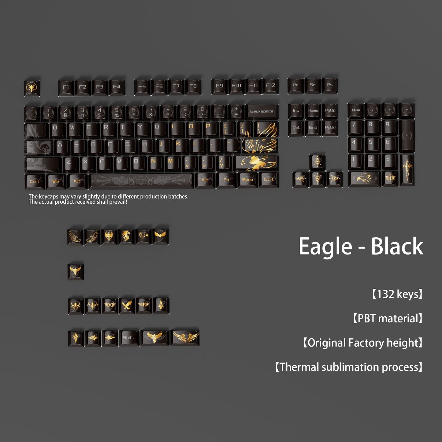 YMDK Black Eagle Theme Keycap Set 132 Keys, Cherry Profile PBT Dye-Sub, Cool Creative Custom Keycaps for 61/64/68/84/87/96/108 MX Mechanical Keyboard