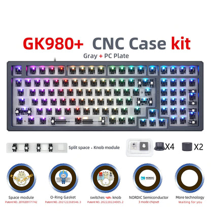 GK980 Aluminum Triple-Mode 4 Knobs Gasket RGB Hot Swappable  Bluetooth 2.4G Mechanical Keyboard Kit（Macro Programmable）