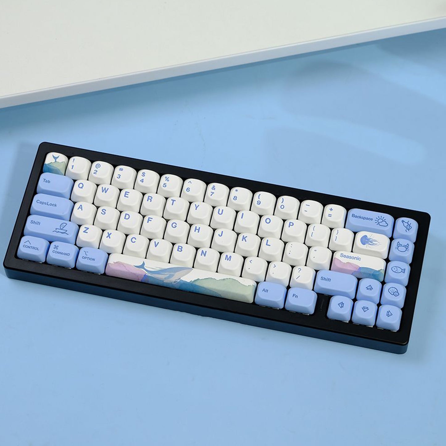 YMDK Cute Ocean Blue Theme 135 Keys English Korean Russian PBT Dye Sub Similar to MOA Keycap for 61/84/87/108 MX Mechanical Keyboard