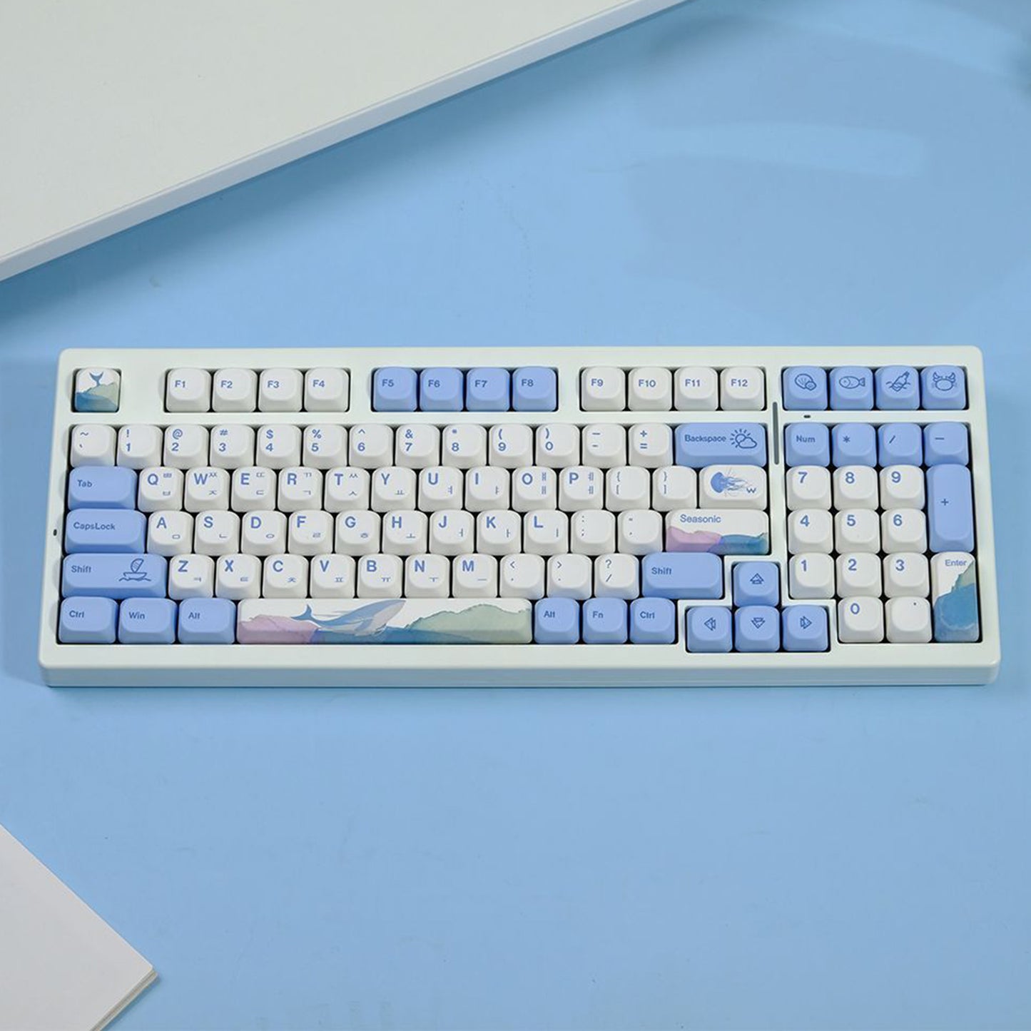 YMDK Cute Ocean Blue Theme 135 Keys English Korean Russian PBT Dye Sub Similar to MOA Keycap for 61/84/87/108 MX Mechanical Keyboard