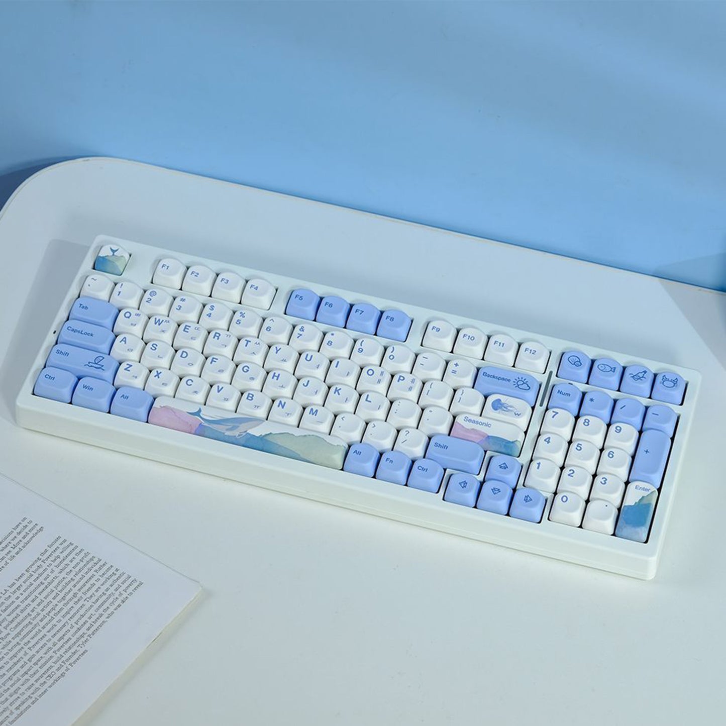 YMDK Cute Ocean Blue Theme 135 Keys English Korean Russian PBT Dye Sub Similar to MOA Keycap for 61/84/87/108 MX Mechanical Keyboard