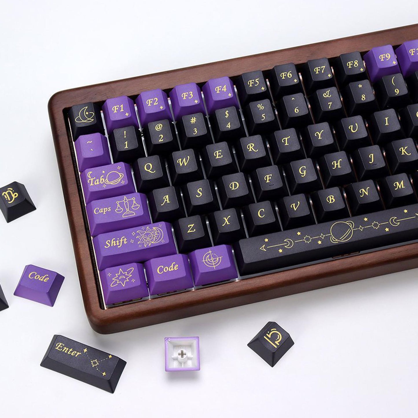 YMDK Purple Zodiac Stardust Prologue Theme 143 Keys Cherry Profile PBT 5-Side Dye-Sublimation Top Print Keycaps for 61/84/87/104/108 MX Mechanical Keyboards