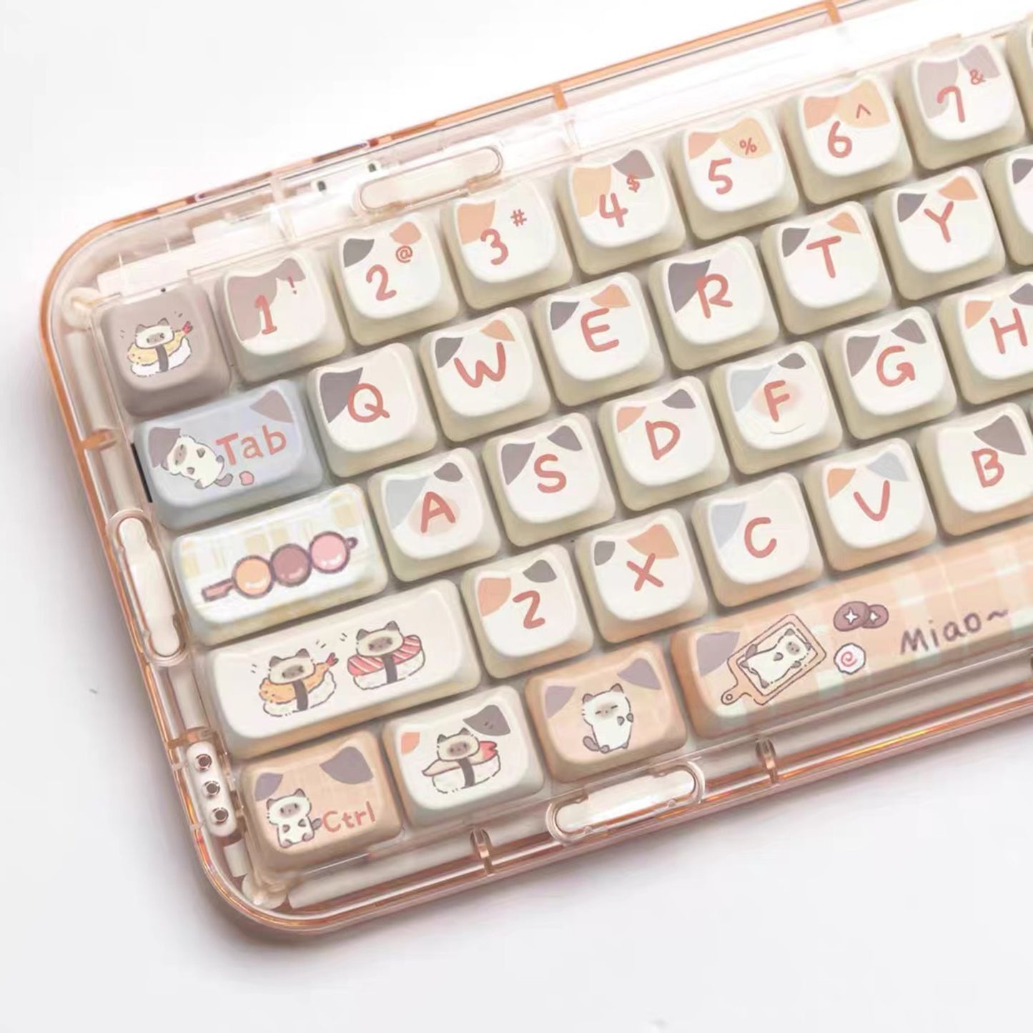 YMDK 144 Keys Siamese Sushi Cat PBT MAO Profile Dye Sub Top Print Keycaps for 61/68/87/98/104/108 MX Mechanical Keyboards