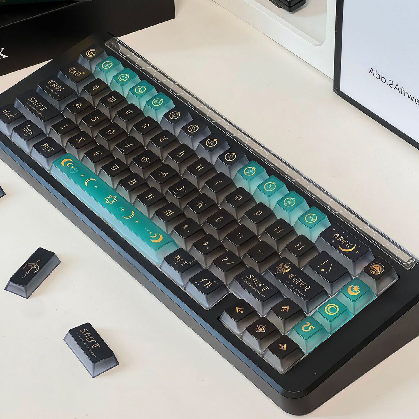 YMDK 120 Keys Moon Rhyme Theme Frosted Transparent PC Cherry Profile Shine Through UV Top Print Keycaps for MX Mechanical Keyboards