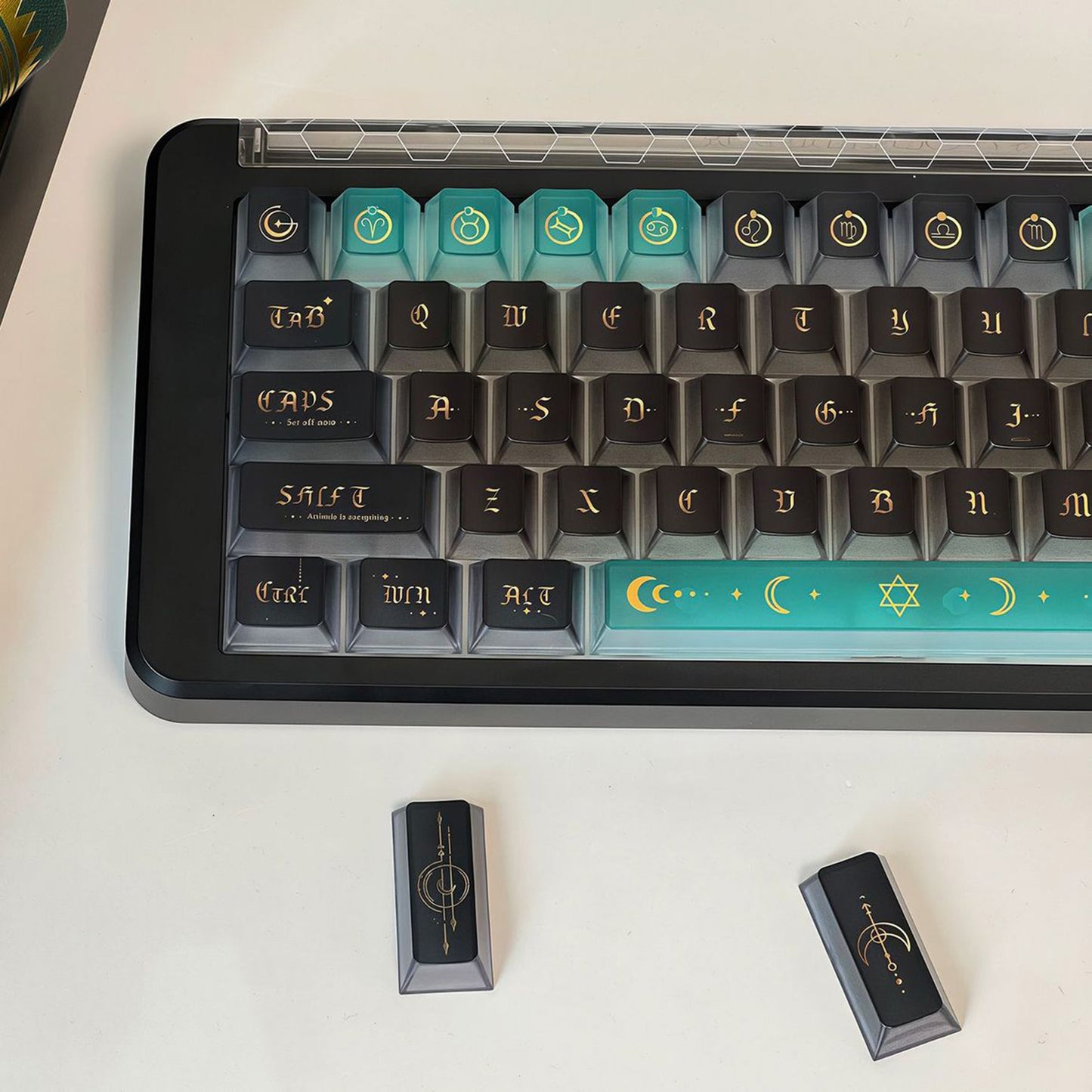 YMDK 120 Keys Moon Rhyme Theme Frosted Transparent PC Cherry Profile Shine Through UV Top Print Keycaps for MX Mechanical Keyboards