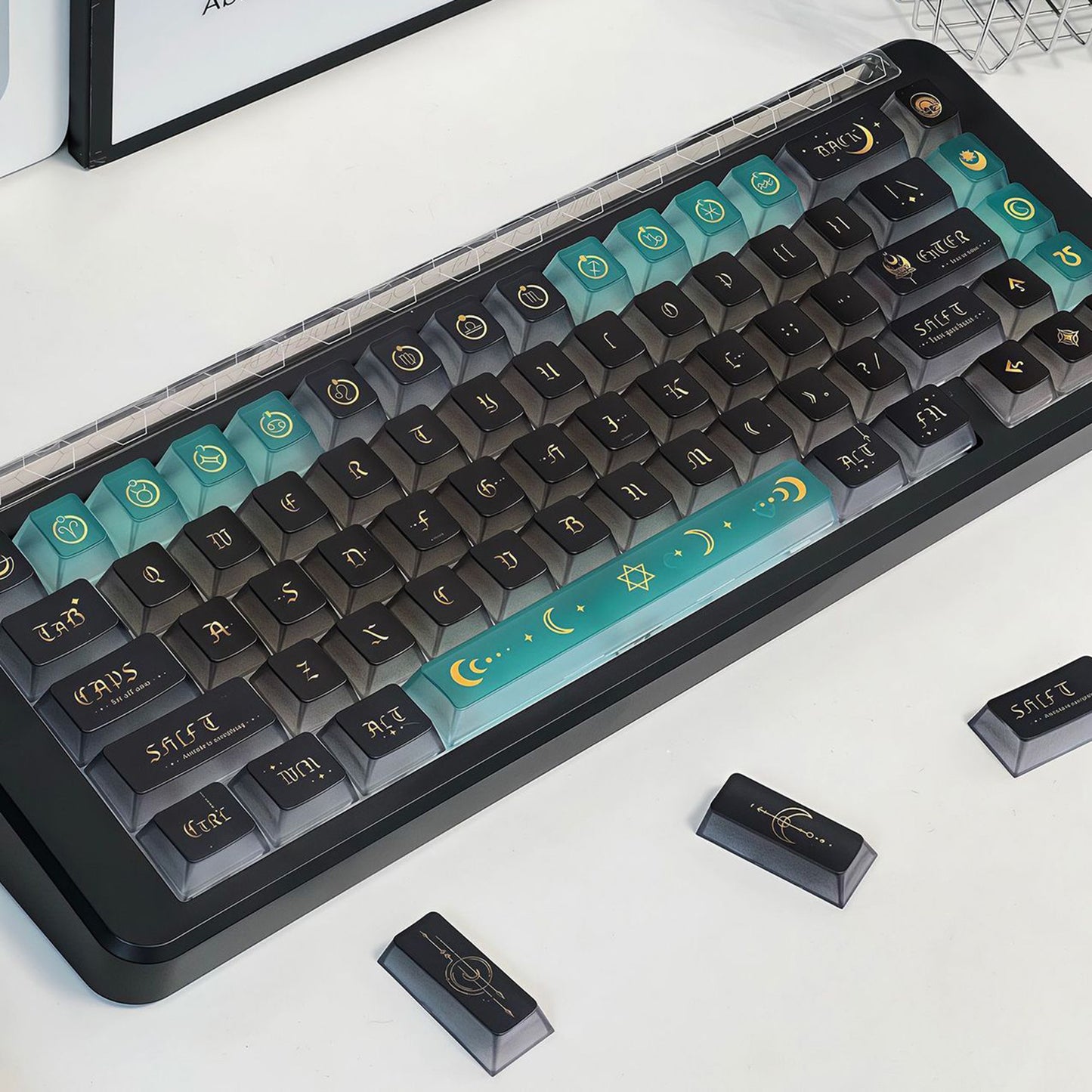 YMDK 120 Keys Moon Rhyme Theme Frosted Transparent PC Cherry Profile Shine Through UV Top Print Keycaps for MX Mechanical Keyboards