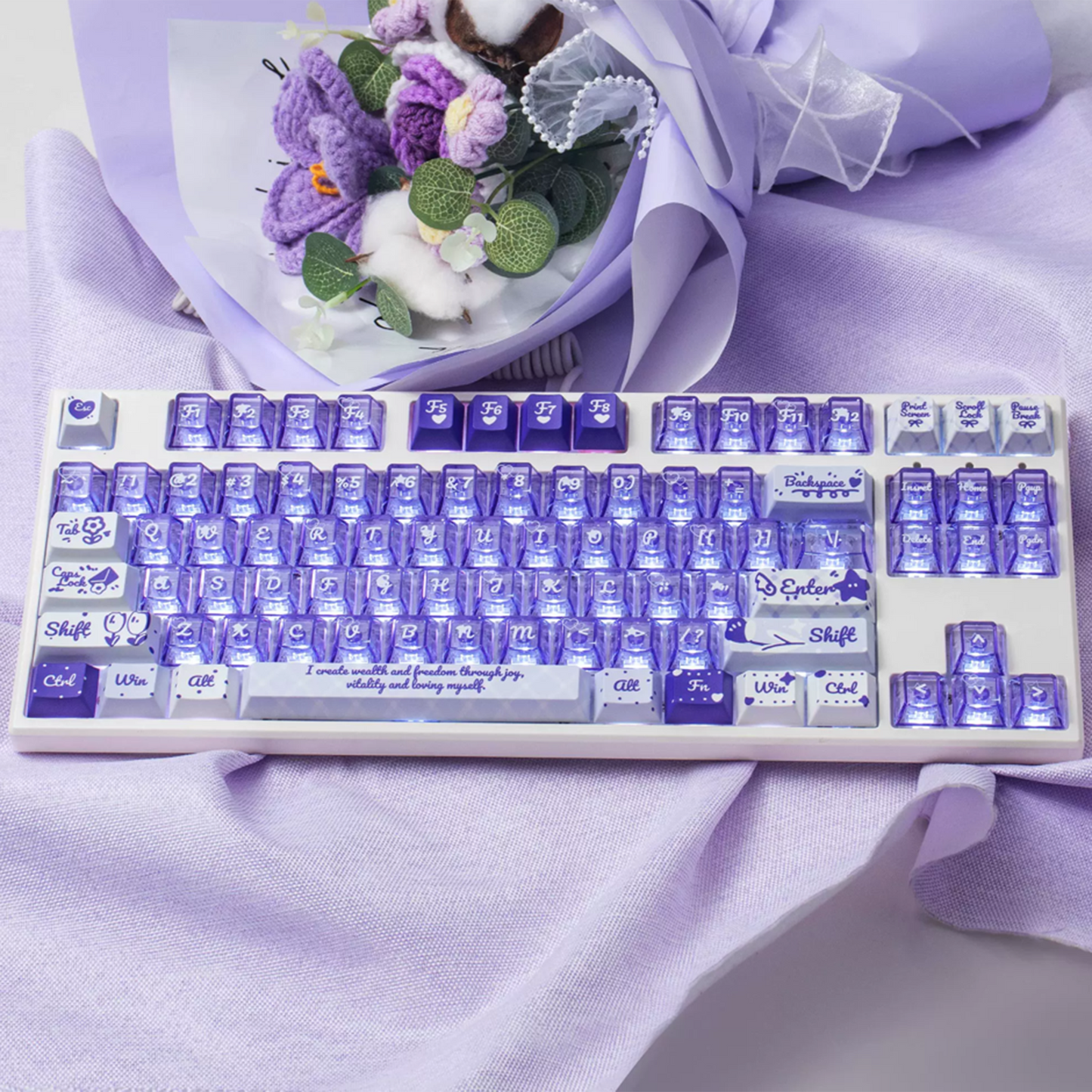 YMDK 172 Keys Soft Fresh Theme Blue Purple Cherry Profile PBT+PC Dye Sub UV Keycaps for 61/84/87/104/108 MX Mechanical Keyboard