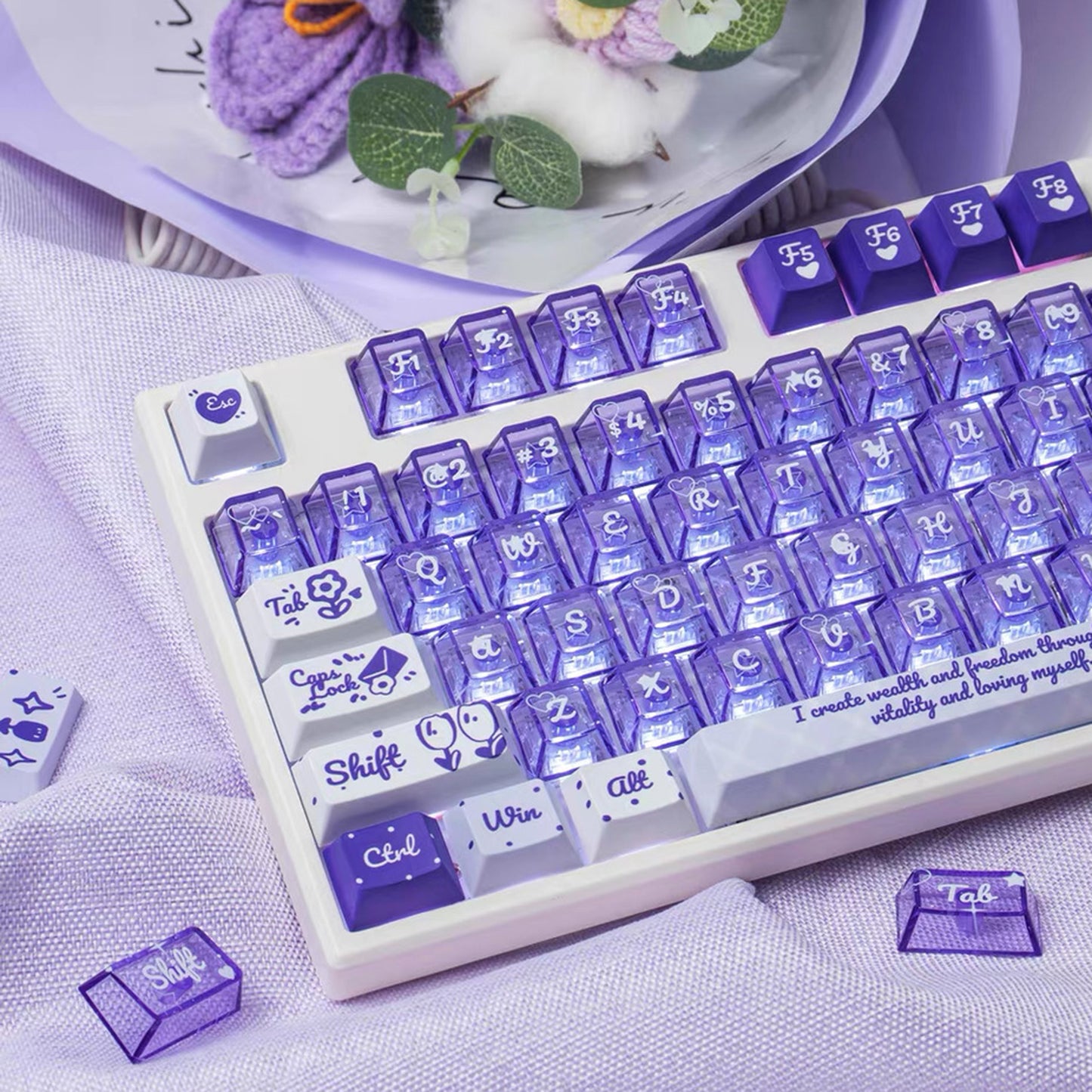 YMDK 172 Keys Soft Fresh Theme Blue Purple Cherry Profile PBT+PC Dye Sub UV Keycaps for 61/84/87/104/108 MX Mechanical Keyboard
