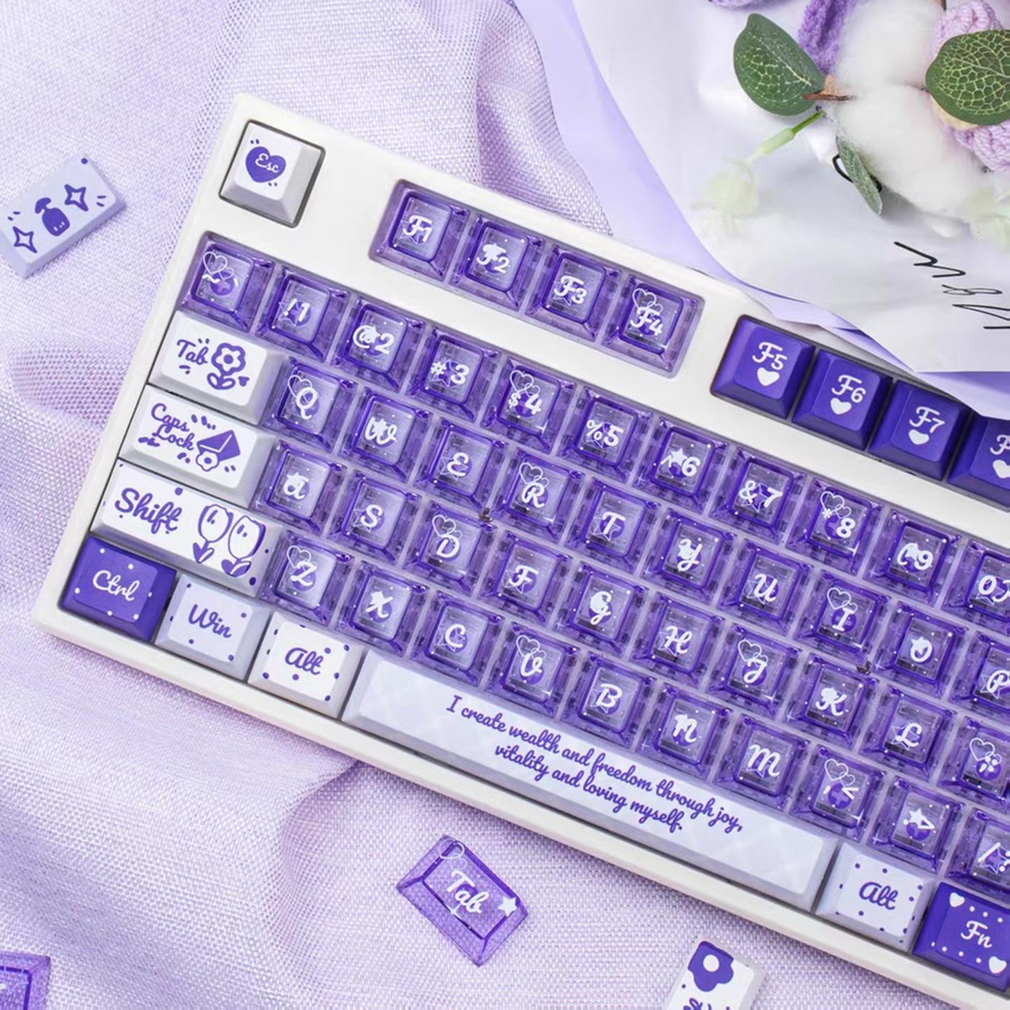 YMDK 172 Keys Soft Fresh Theme Blue Purple Cherry Profile PBT+PC Dye Sub UV Keycaps for 61/84/87/104/108 MX Mechanical Keyboard