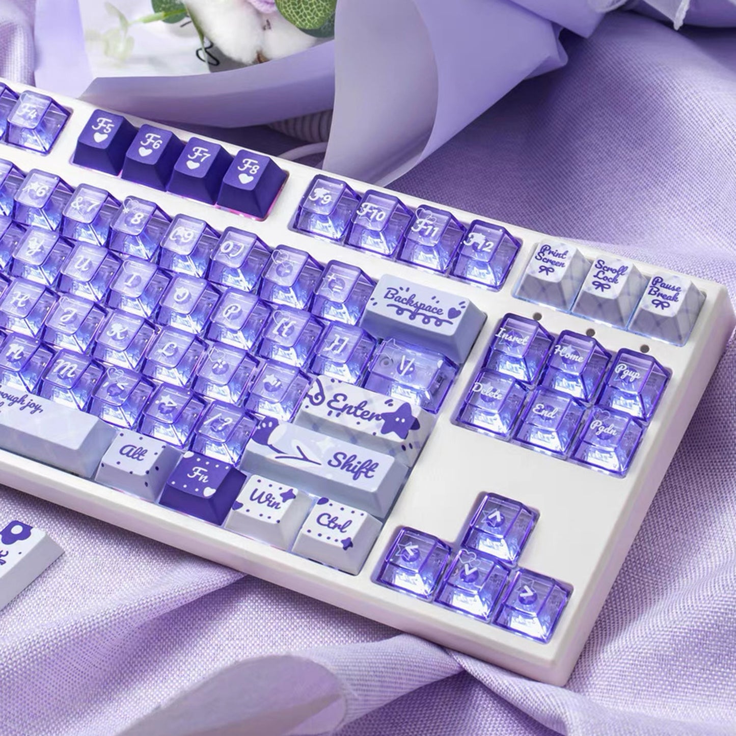 YMDK 172 Keys Soft Fresh Theme Blue Purple Cherry Profile PBT+PC Dye Sub UV Keycaps for 61/84/87/104/108 MX Mechanical Keyboard