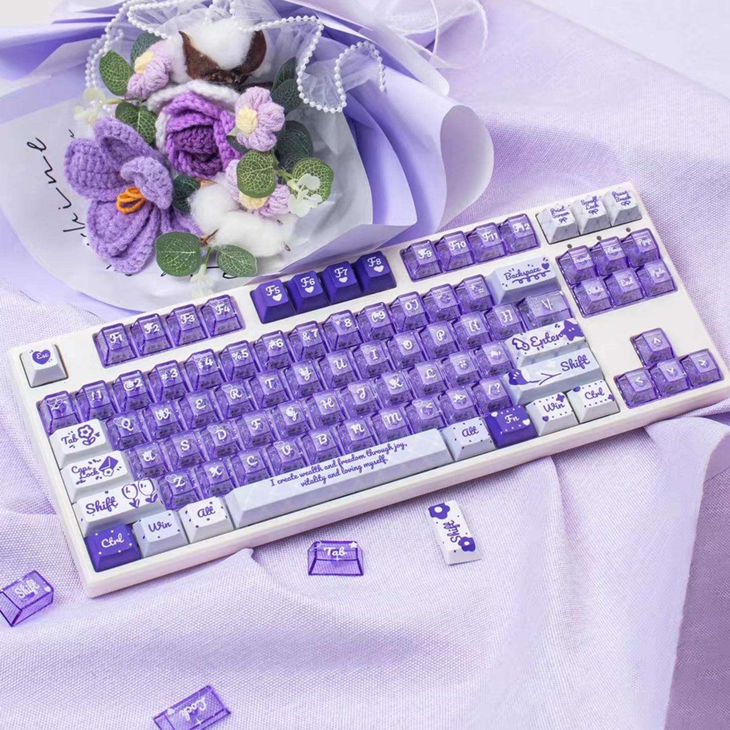 YMDK 172 Keys Soft Fresh Theme Blue Purple Cherry Profile PBT+PC Dye Sub UV Keycaps for 61/84/87/104/108 MX Mechanical Keyboard