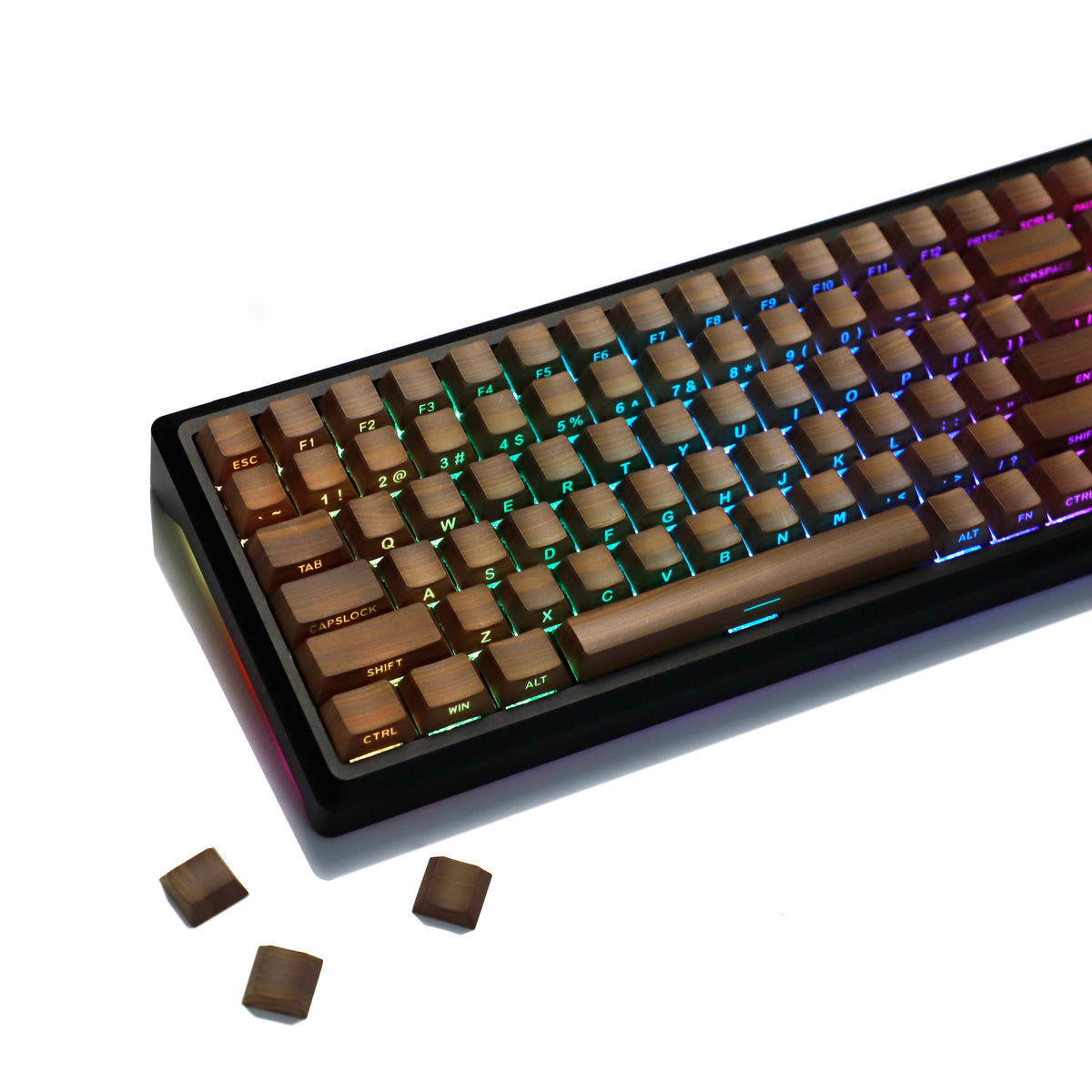 YMDK 133 Keys Walnut Wood Grain Keycaps Side-lit Cherry Profile PBT Keycap for 61 64 68 84 87 96 98 104 108 MX Mechanical Keyboards