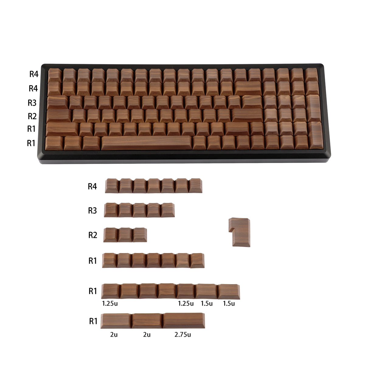 YMDK 133 Keys Walnut Wood Grain Keycaps Side-lit Cherry Profile PBT Keycap for 61 64 68 84 87 96 98 104 108 MX Mechanical Keyboards