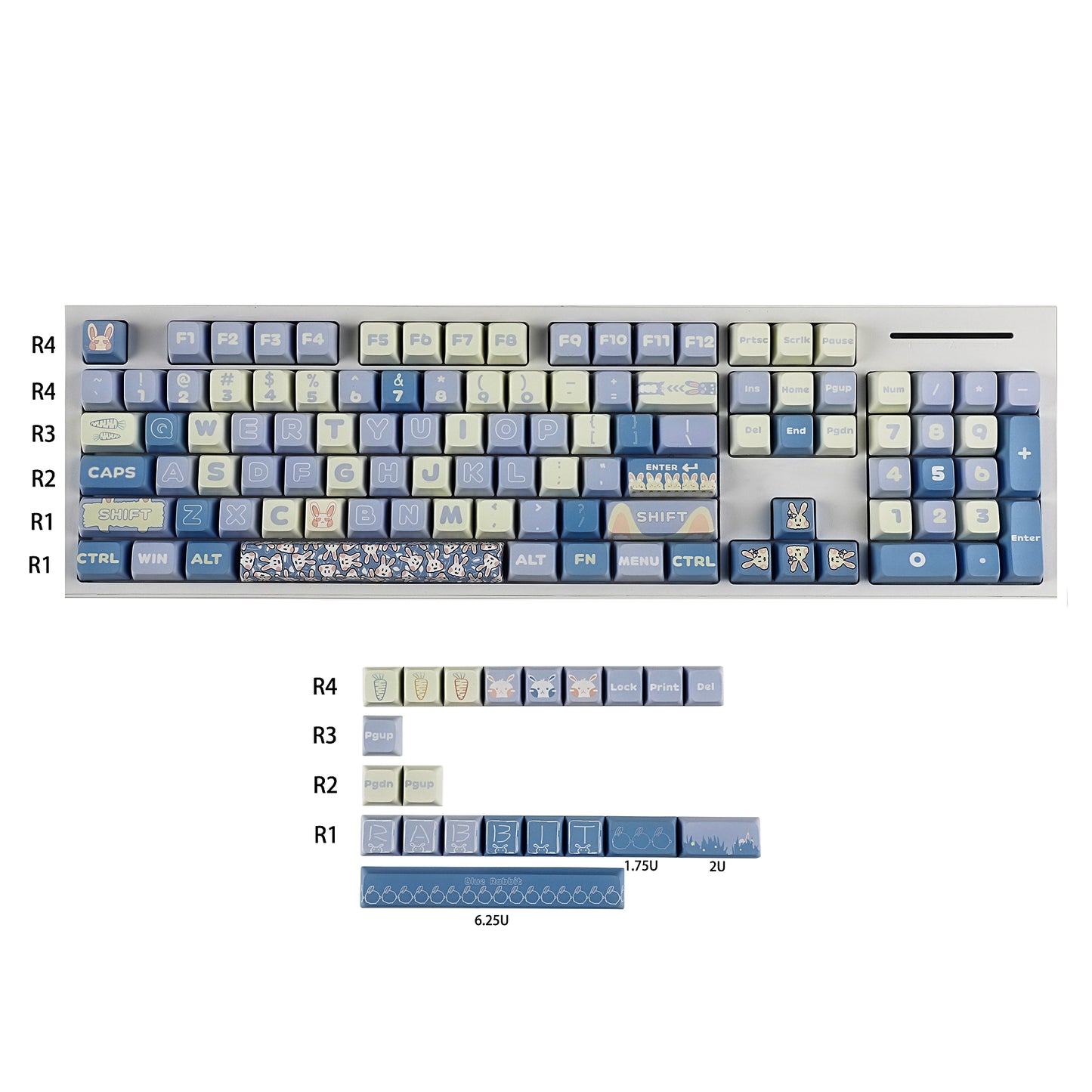 YMDK Milk Blue Rabbit 125 keys MDA profile Thick PBT Dye Sub 5 Sides Over Keycaps