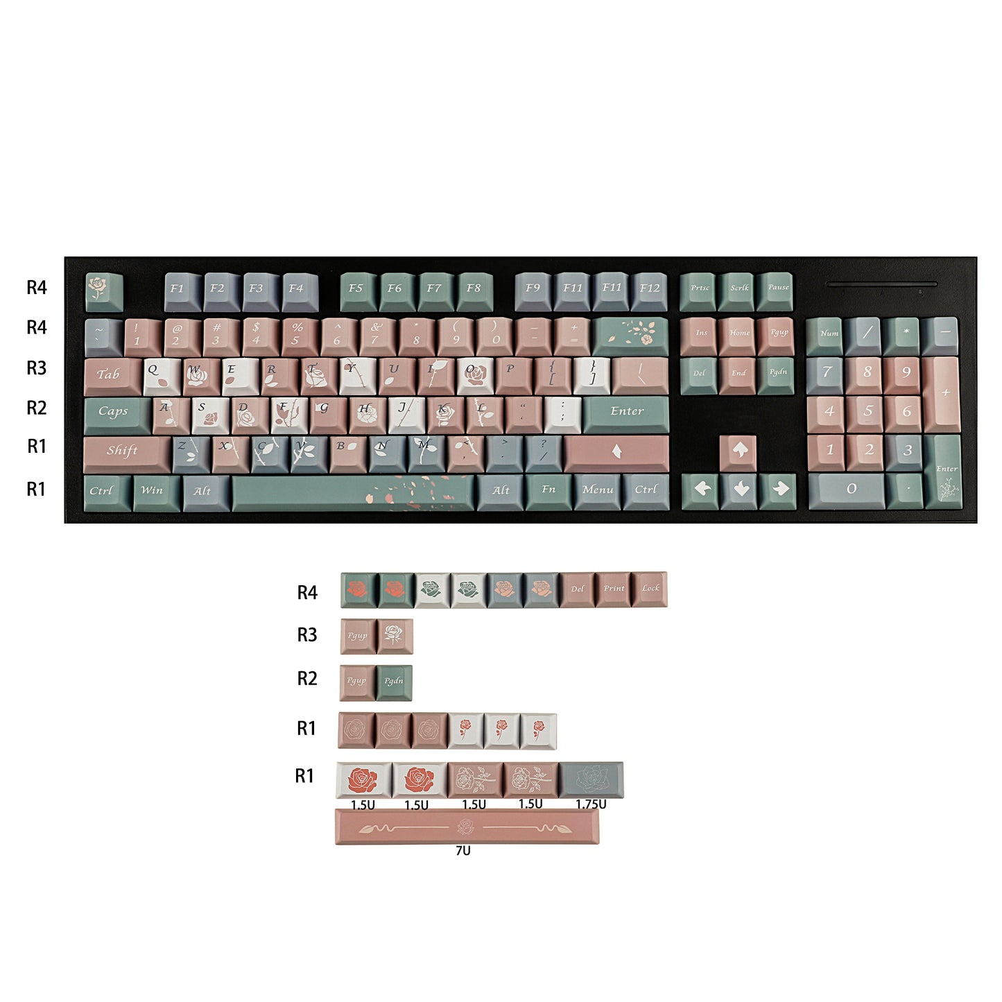 YMDK Cherry Profile Old Testament Roses 5 Sides 129 keys Over Dye Sub Thick PBT KEYCAP for MX Mechanical Keyboard