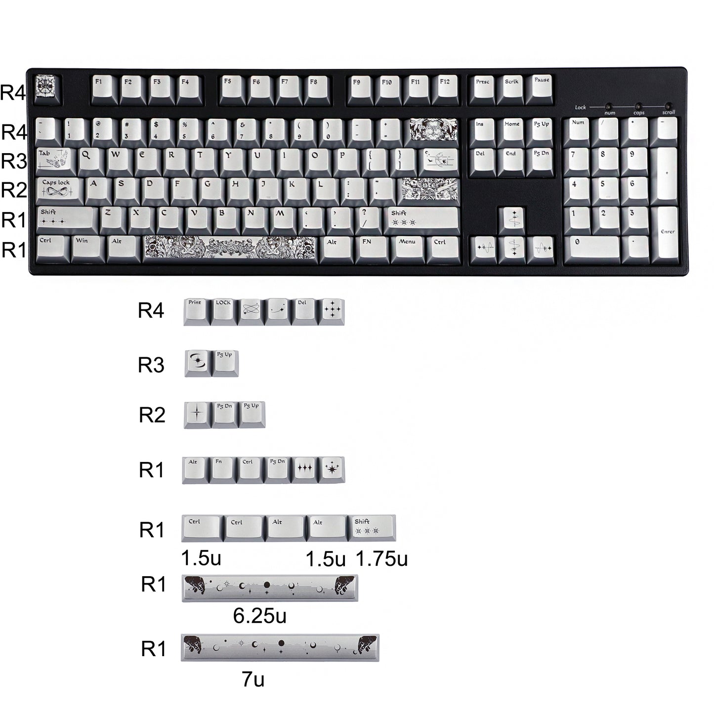 YMDK 128 Keys Silver Wing Style Metallic Paint Finish Cherry Profile PC Dye Sub Keycaps for 75/87/98/104/108 MX Mechanical Keyboard