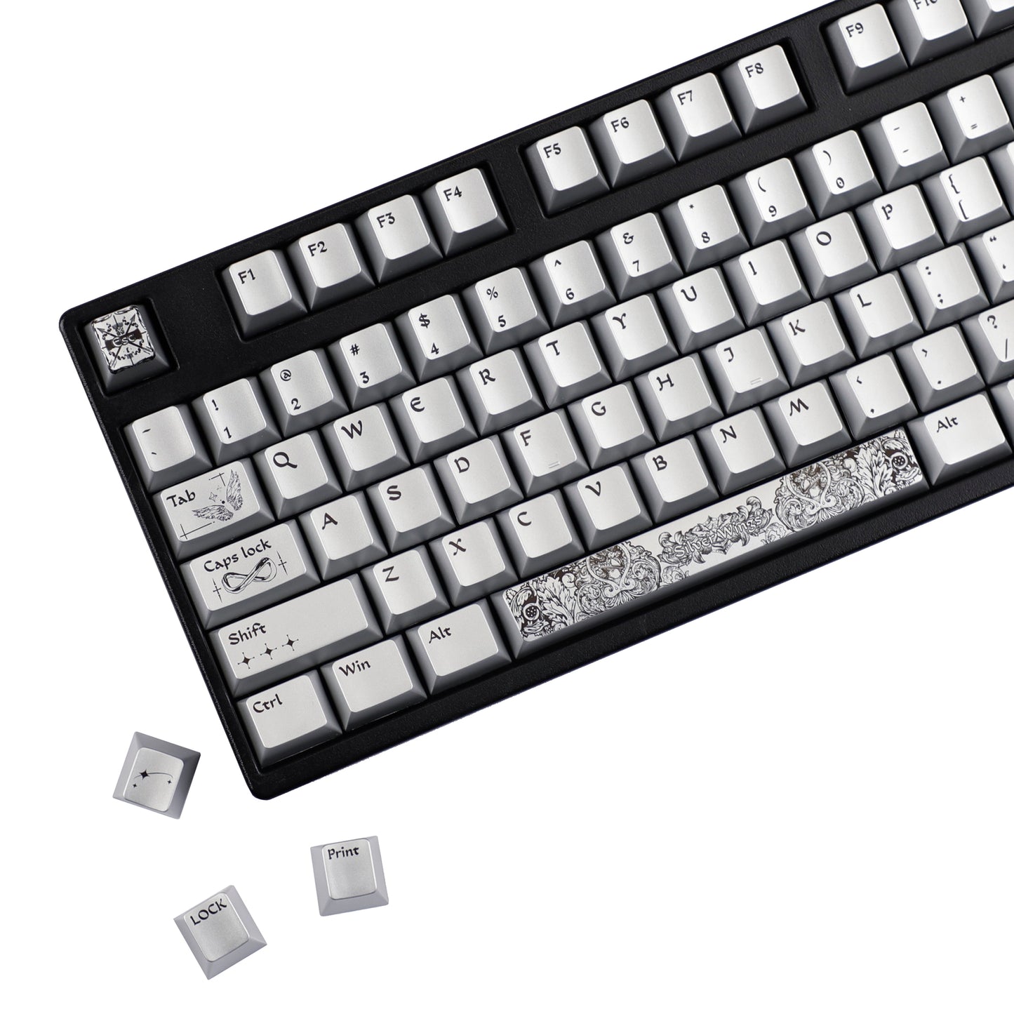YMDK 128 Keys Silver Wing Style Metallic Paint Finish Cherry Profile PC Dye Sub Keycaps for 75/87/98/104/108 MX Mechanical Keyboard