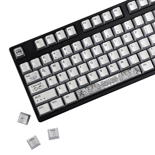 YMDK 128 Keys Silver Wing Style Metallic Paint Finish Cherry Profile PC Dye Sub Keycaps for 75/87/98/104/108 MX Mechanical Keyboard