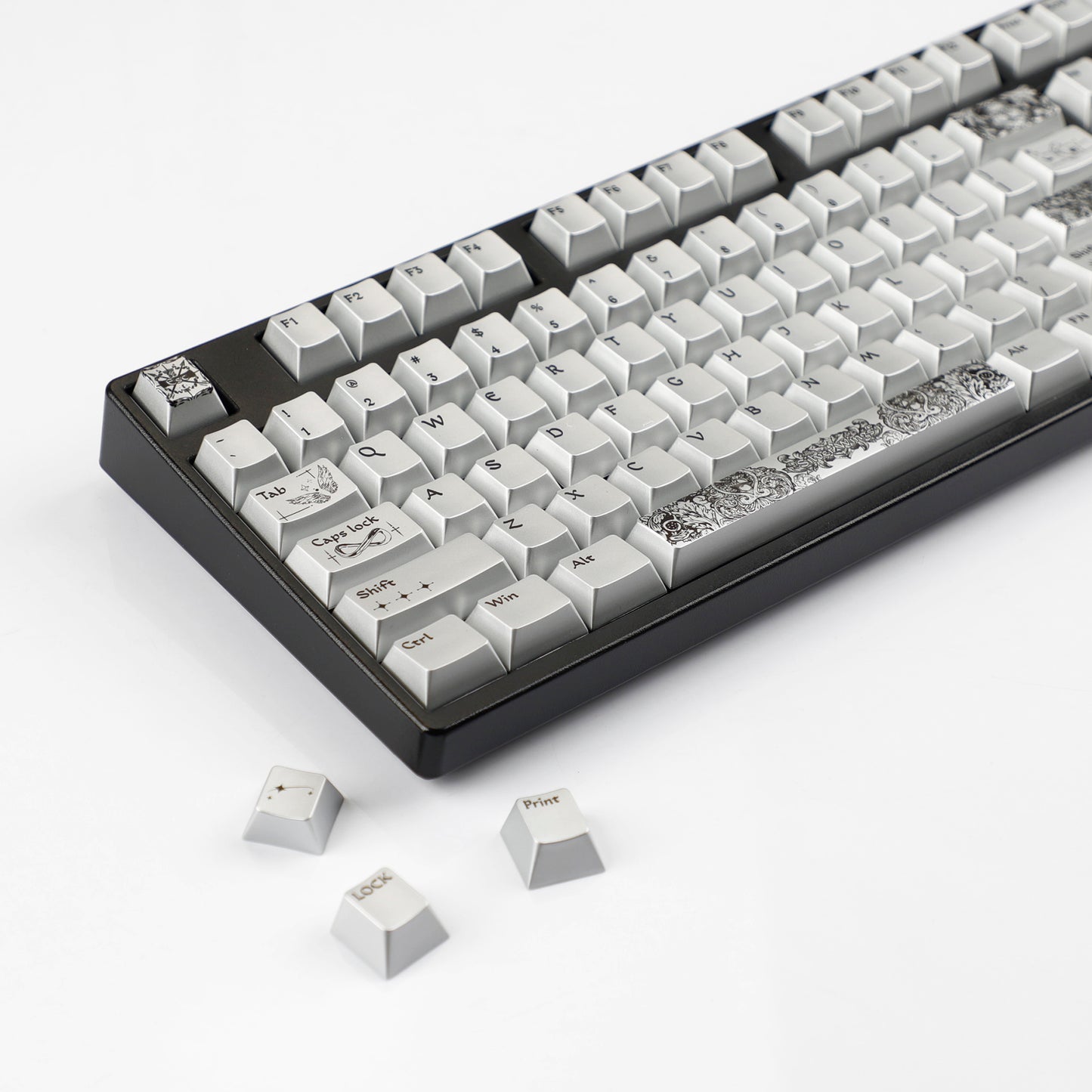 YMDK 128 Keys Silver Wing Style Metallic Paint Finish Cherry Profile PC Dye Sub Keycaps for 75/87/98/104/108 MX Mechanical Keyboard