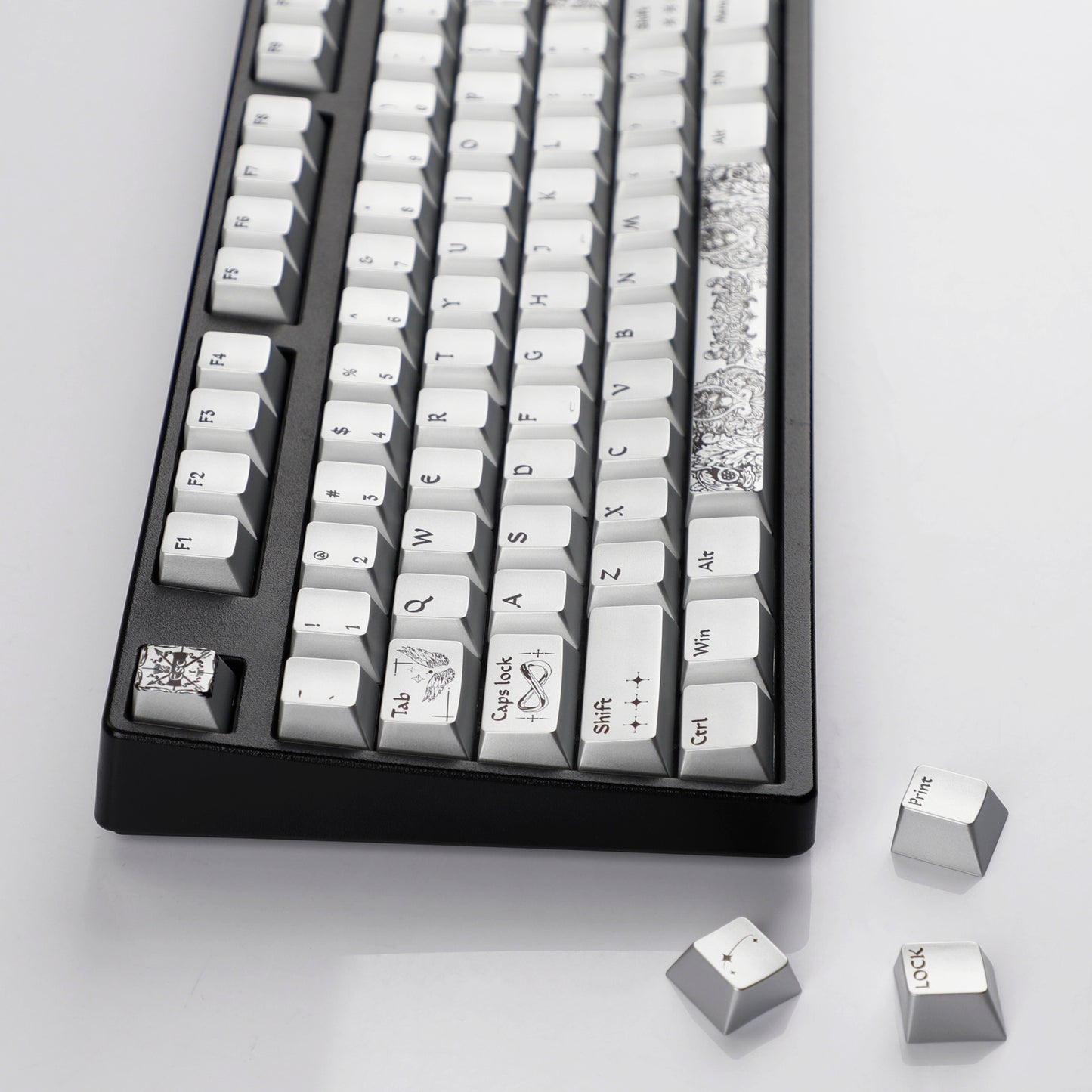 YMDK 128 Keys Silver Wing Style Metallic Paint Finish Cherry Profile PC Dye Sub Keycaps for 75/87/98/104/108 MX Mechanical Keyboard