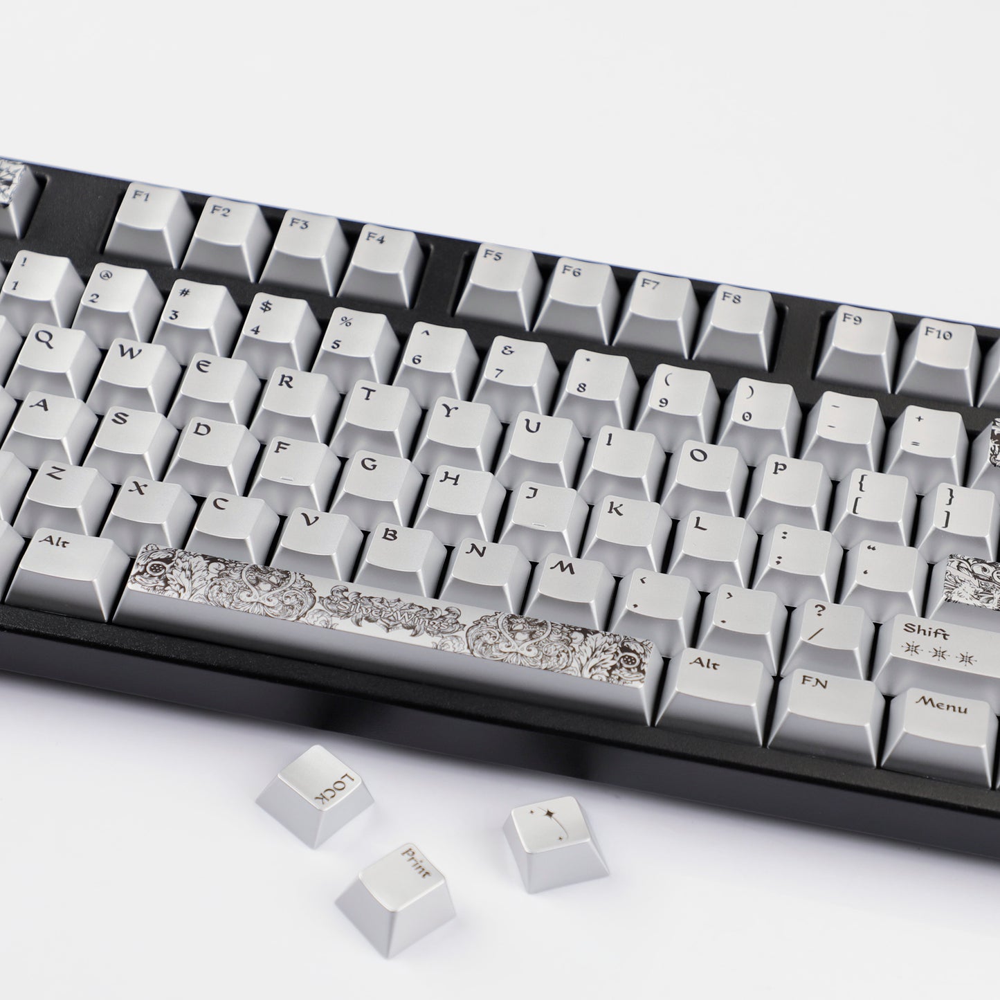 YMDK 128 Keys Silver Wing Style Metallic Paint Finish Cherry Profile PC Dye Sub Keycaps for 75/87/98/104/108 MX Mechanical Keyboard