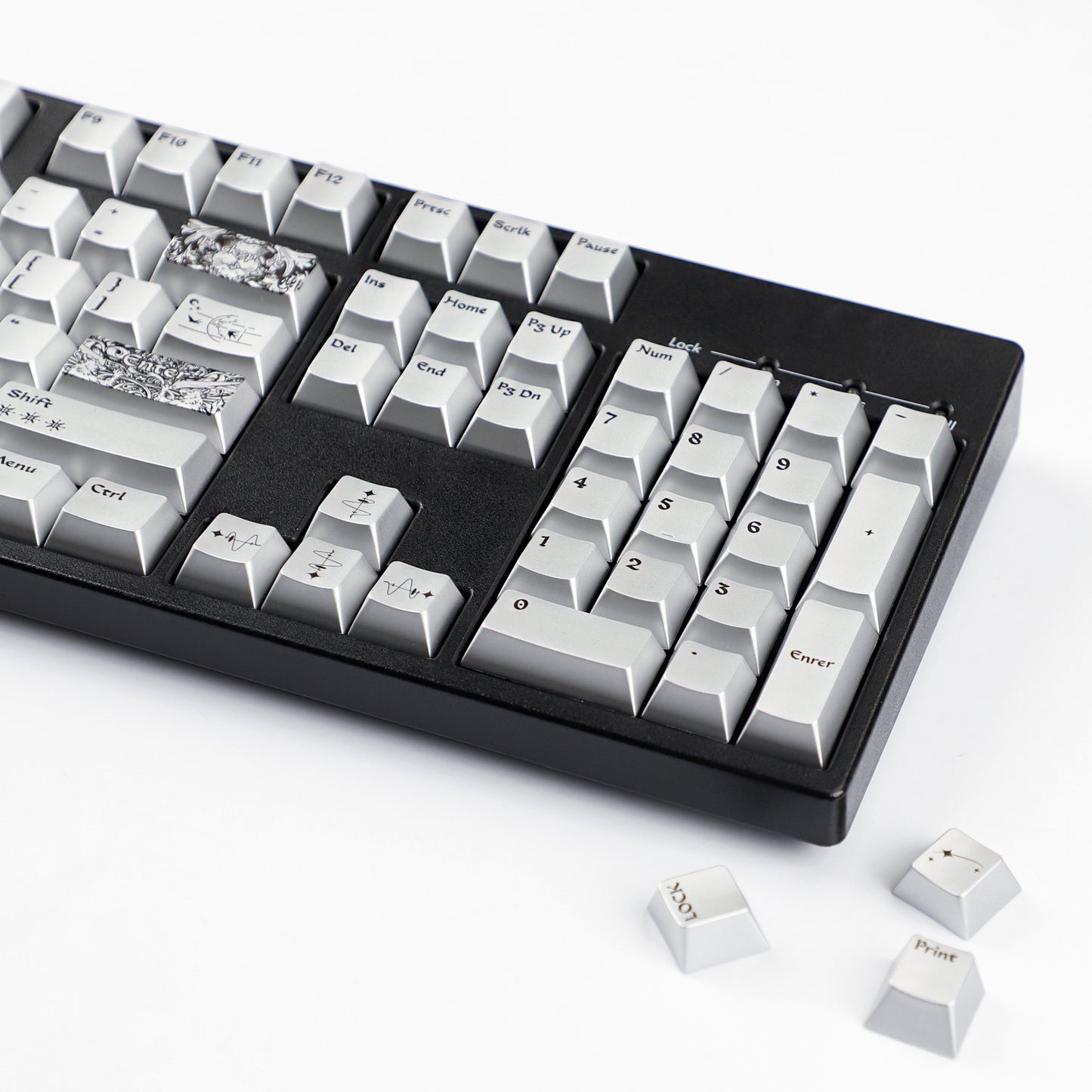 YMDK 128 Keys Silver Wing Style Metallic Paint Finish Cherry Profile PC Dye Sub Keycaps for 75/87/98/104/108 MX Mechanical Keyboard