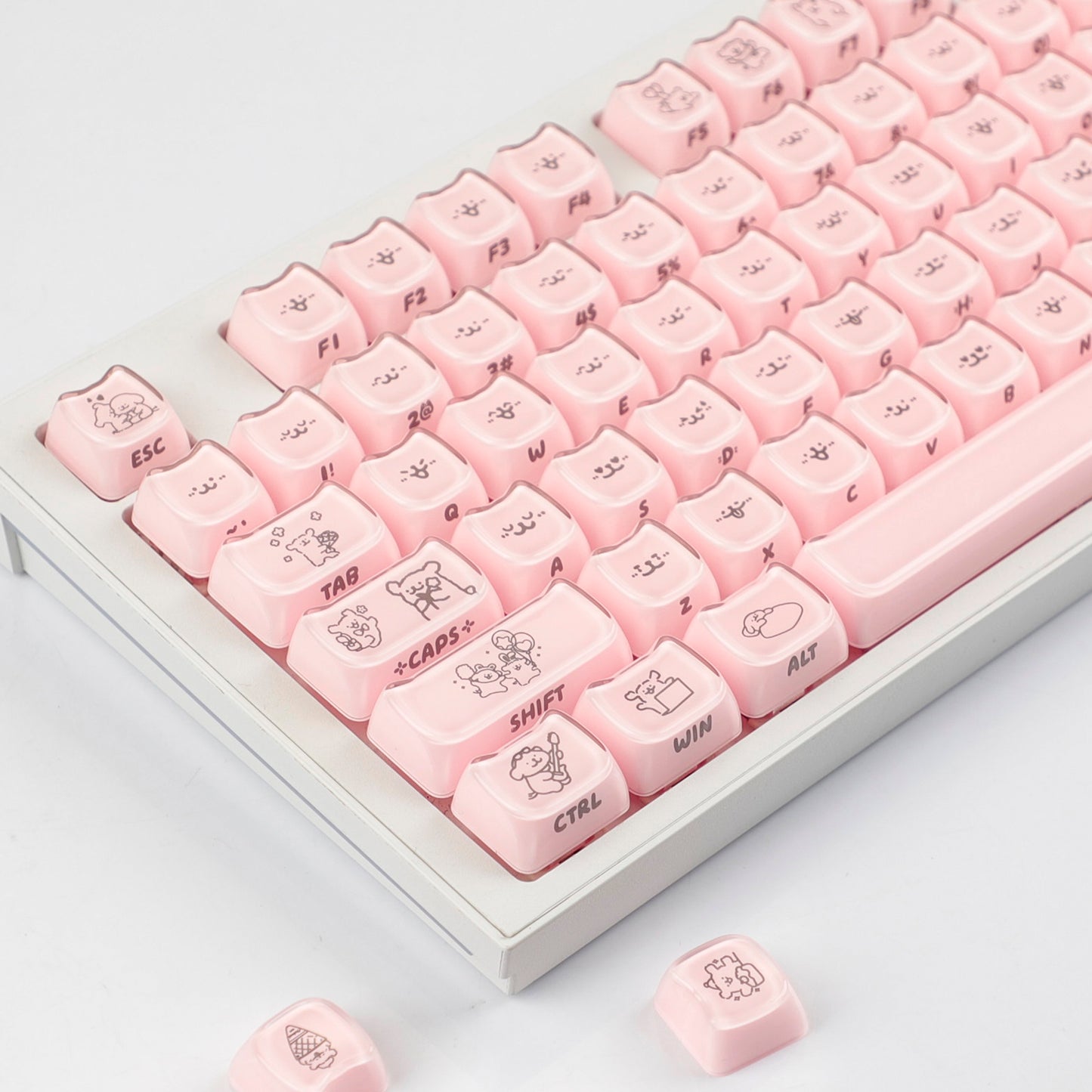 YMDK 119 Keys Cute Crystal Jelly MAO Profile Side Top Printed White Pink PC Keycaps for 61/68/87/98/104/108 MX Mechanical Keyboard