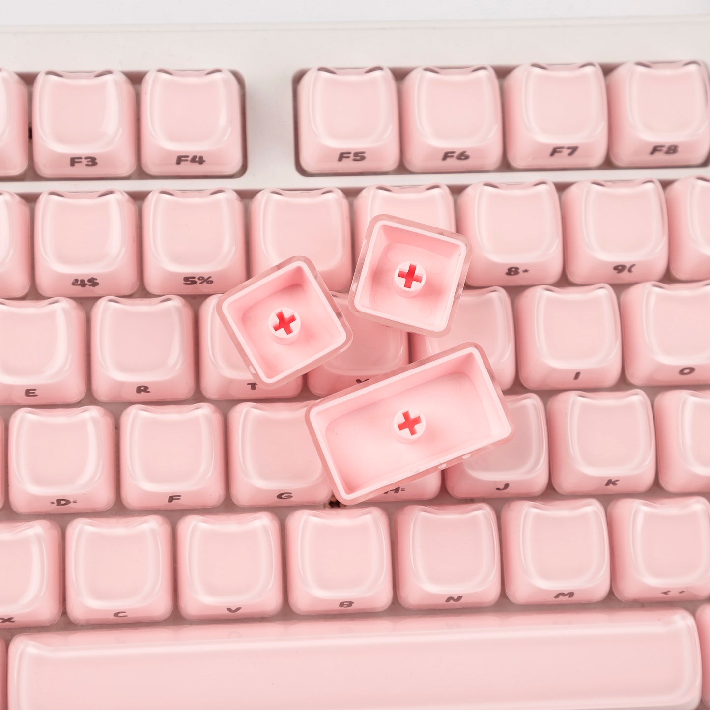 YMDK 119 Keys Cute Crystal Jelly MAO Profile Side Top Printed White Pink PC Keycaps for 61/68/87/98/104/108 MX Mechanical Keyboard