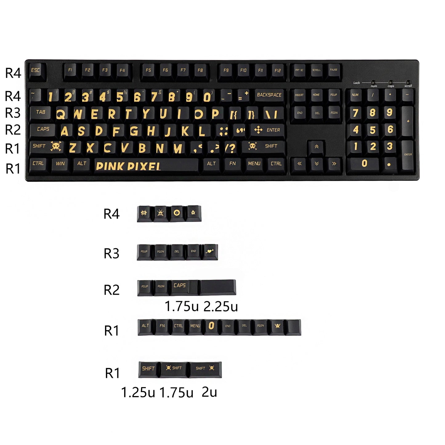 YMDK Black Gold Large Font Full Set 130 Keys Keycaps Creative Cool Custom Key Cap PBT Dye Sub Cherry Profile for MX Mechanical Keyboard