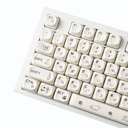 YMDK 124 Keys Milky White Cat Theme Keycap MOA Profile PBT Dye Sublimation Keycaps Top Print for 61/68/87/98/104/108 Layout MX Mechanical Keyboards