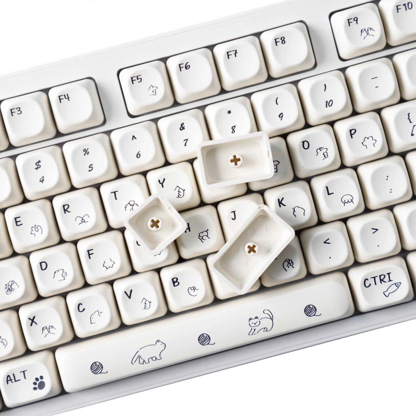 YMDK 124 Keys Milky White Cat Theme Keycap MOA Profile PBT Dye Sublimation Keycaps Top Print for 61/68/87/98/104/108 Layout MX Mechanical Keyboards