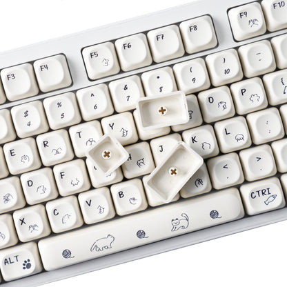 YMDK 124 Keys Milky White Cat Theme Keycap MOA Profile PBT Dye Sublimation Keycaps Top Print for 61/68/87/98/104/108 Layout MX Mechanical Keyboards