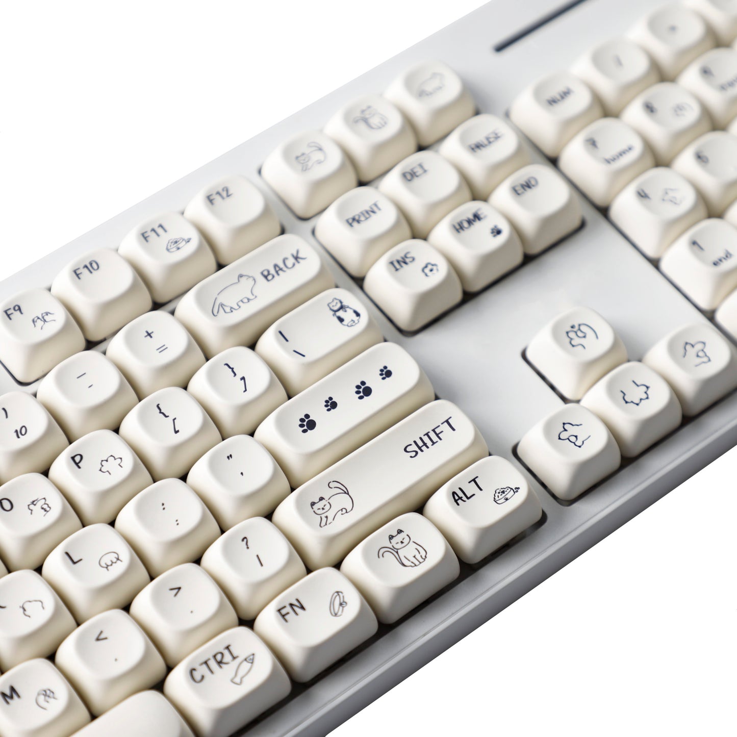 YMDK 124 Keys Milky White Cat Theme Keycap MOA Profile PBT Dye Sublimation Keycaps Top Print for 61/68/87/98/104/108 Layout MX Mechanical Keyboards