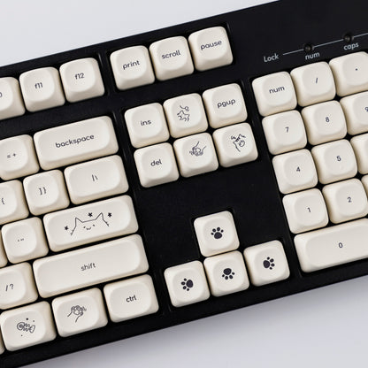 YMDK 124 Keys Milky White Cat Theme Keycap MOA Profile PBT Dye Sublimation Keycaps Top Print for 61/68/87/98/104/108 Layout MX Mechanical Keyboards