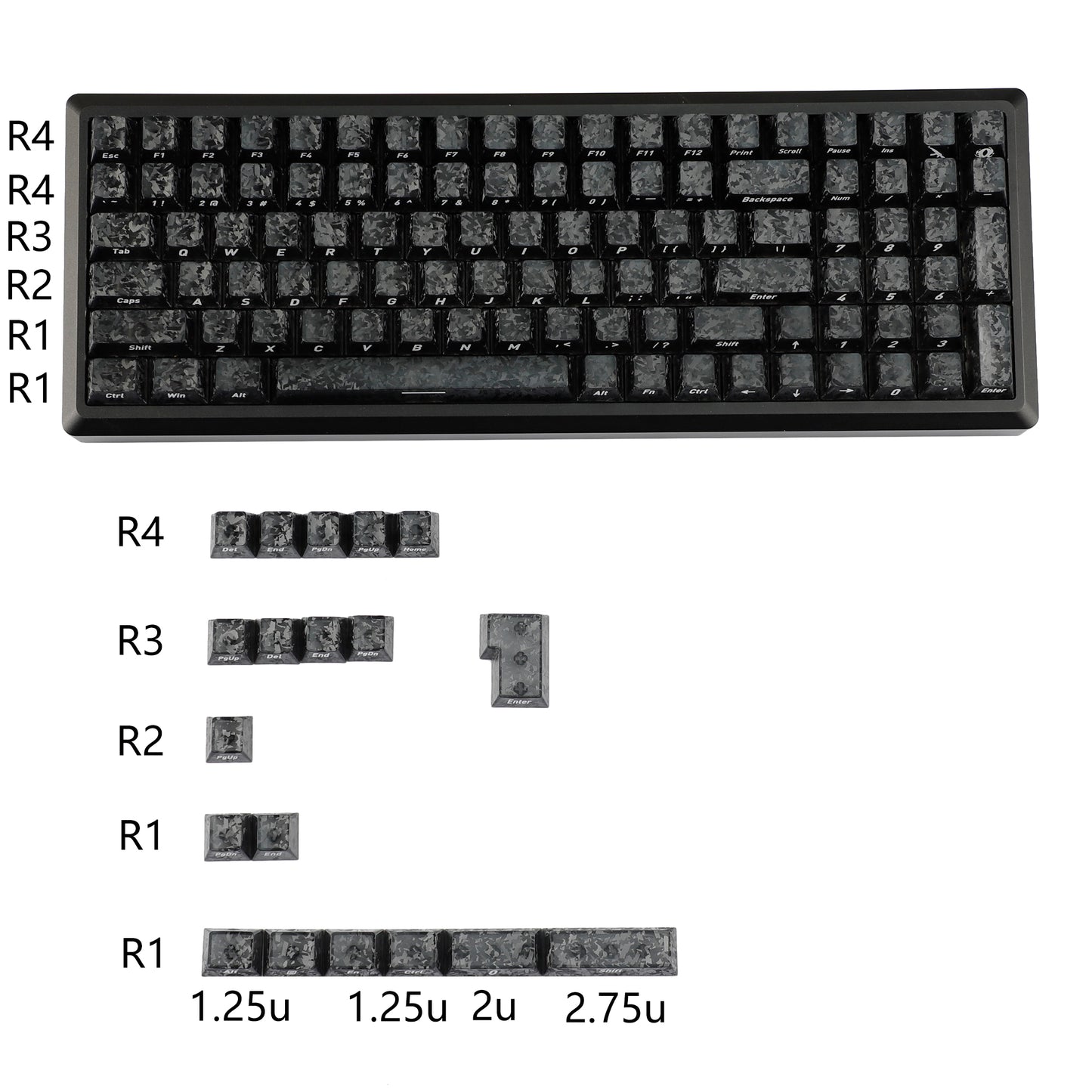 YMDK Carbon Fiber Texture 119 Key Side Printed Shine Through Keycaps for 61/64/68/84/87/96/108-Key MX Mechanical Keyboards