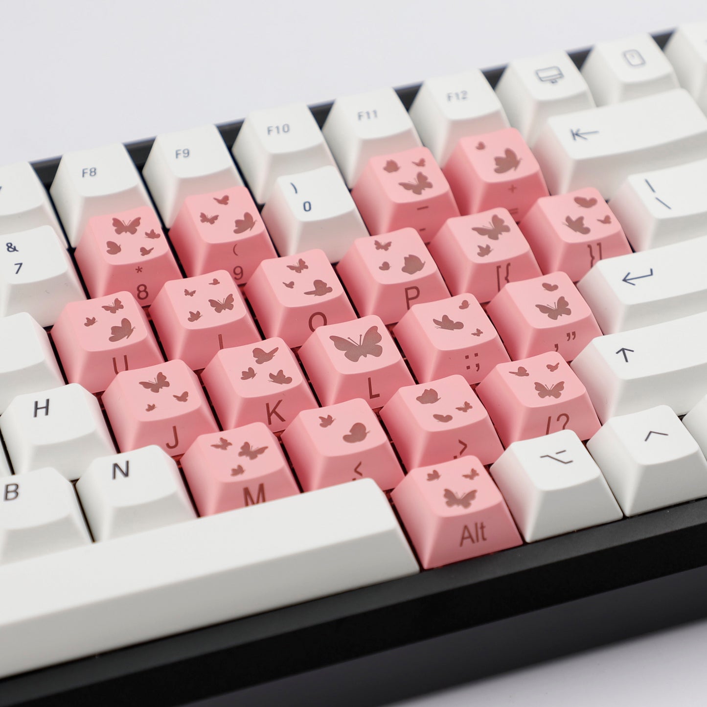 YMDK 21-Key Pink Black Silver Butterfly Heart Keycap Set, Cherry Profile, Side Printed, Shine Through, Compatible with Magnetic Switch Mechanical Keyboards