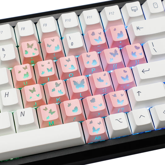 YMDK 21-Key Pink Black Silver Butterfly Heart Keycap Set, Cherry Profile, Side Printed, Shine Through, Compatible with Magnetic Switch Mechanical Keyboards