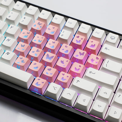 YMDK 21-Key Pink Black Silver Butterfly Heart Keycap Set, Cherry Profile, Side Printed, Shine Through, Compatible with Magnetic Switch Mechanical Keyboards