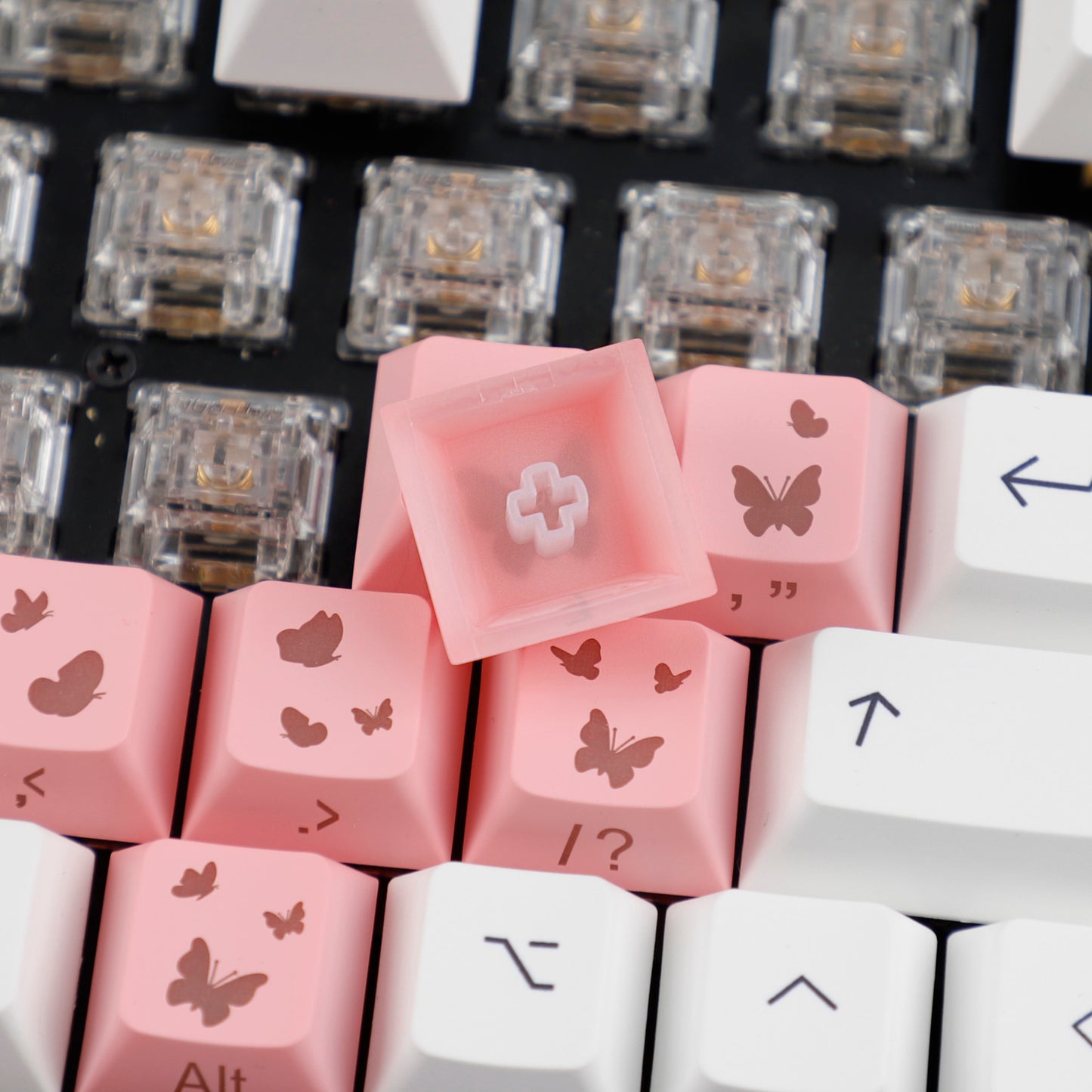 YMDK 21-Key Pink Black Silver Butterfly Heart Keycap Set, Cherry Profile, Side Printed, Shine Through, Compatible with Magnetic Switch Mechanical Keyboards