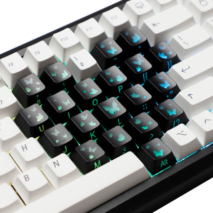 YMDK 21-Key Pink Black Silver Butterfly Heart Keycap Set, Cherry Profile, Side Printed, Shine Through, Compatible with Magnetic Switch Mechanical Keyboards