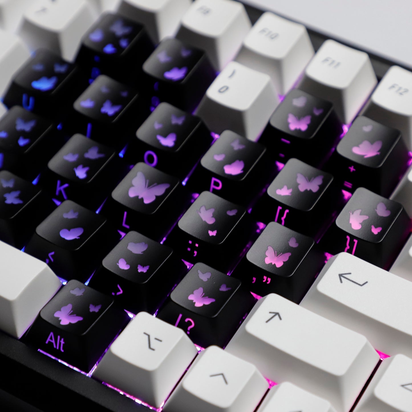YMDK 21-Key Pink Black Silver Butterfly Heart Keycap Set, Cherry Profile, Side Printed, Shine Through, Compatible with Magnetic Switch Mechanical Keyboards