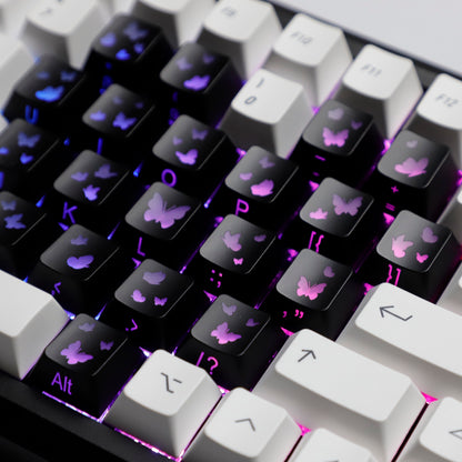 YMDK 21-Key Pink Black Silver Butterfly Heart Keycap Set, Cherry Profile, Side Printed, Shine Through, Compatible with Magnetic Switch Mechanical Keyboards