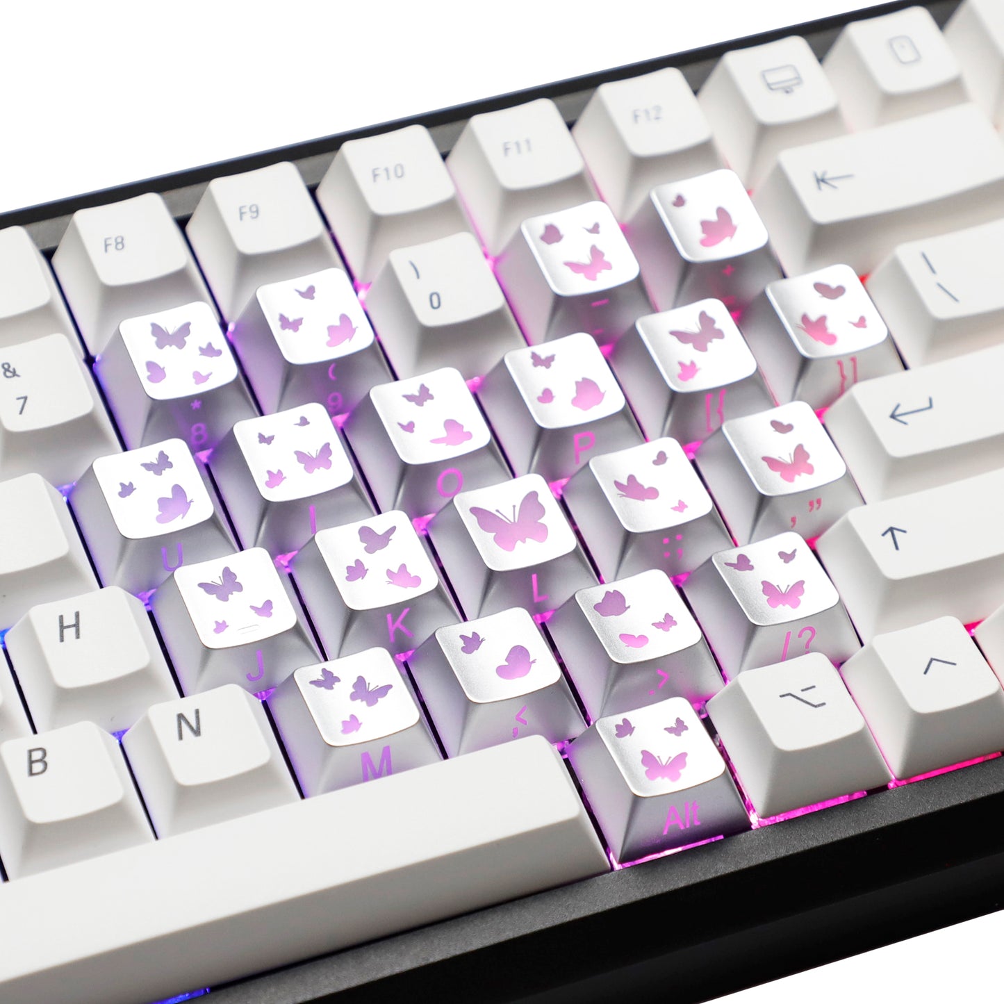 YMDK 21-Key Pink Black Silver Butterfly Heart Keycap Set, Cherry Profile, Side Printed, Shine Through, Compatible with Magnetic Switch Mechanical Keyboards