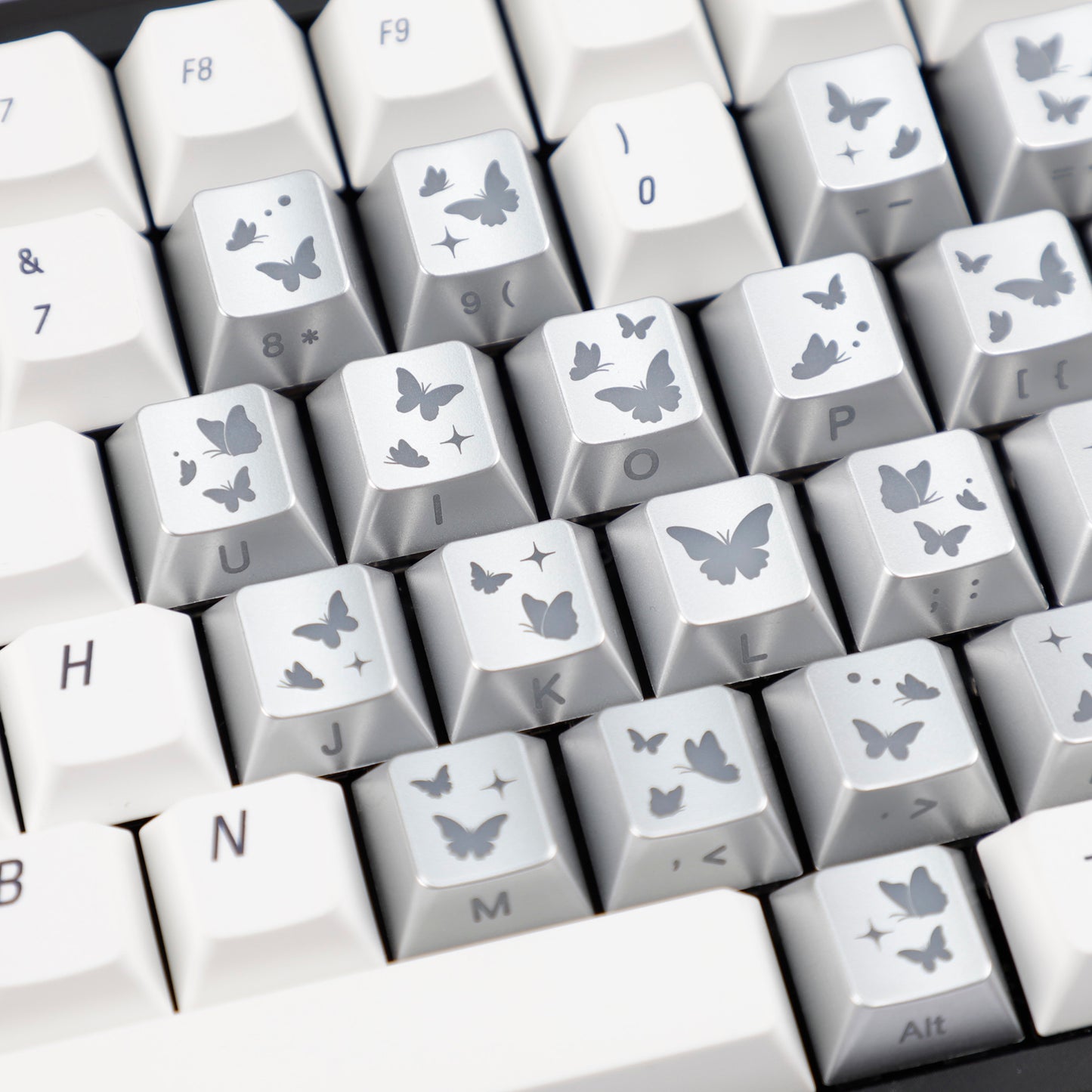 YMDK 21-Key Pink Black Silver Butterfly Heart Keycap Set, Cherry Profile, Side Printed, Shine Through, Compatible with Magnetic Switch Mechanical Keyboards